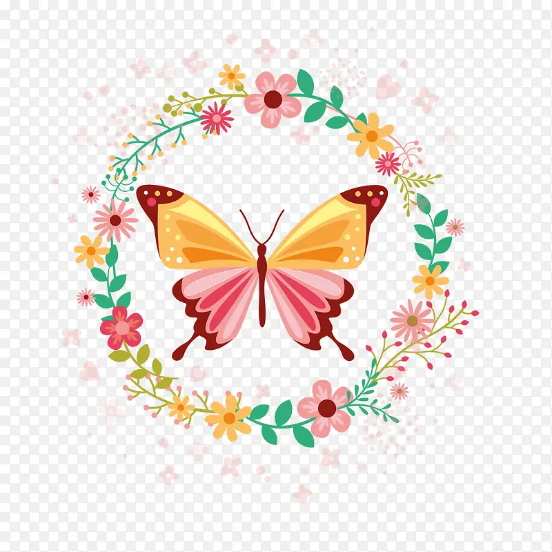 美丽蝴蝶和花环卡片矢量