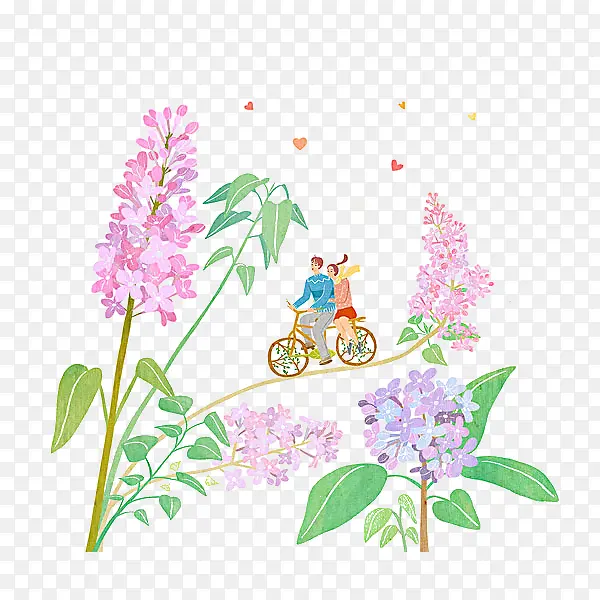 手绘时尚插画情侣和丁香花免抠