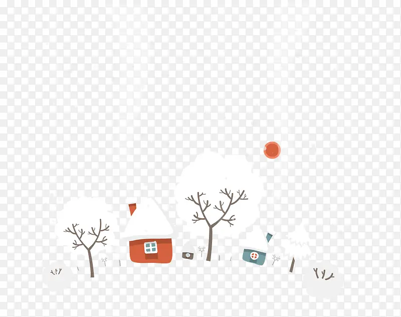 矢量冬天雪花覆盖树木房子手绘