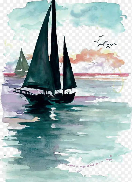 水彩帆船