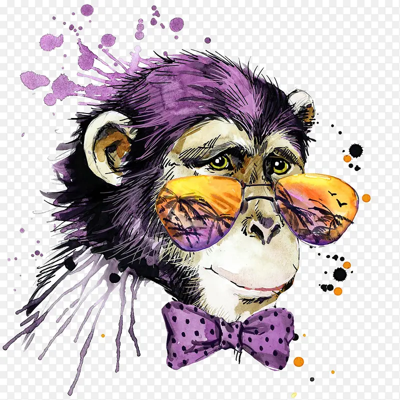 手绘水彩紫色戴眼镜的猴子