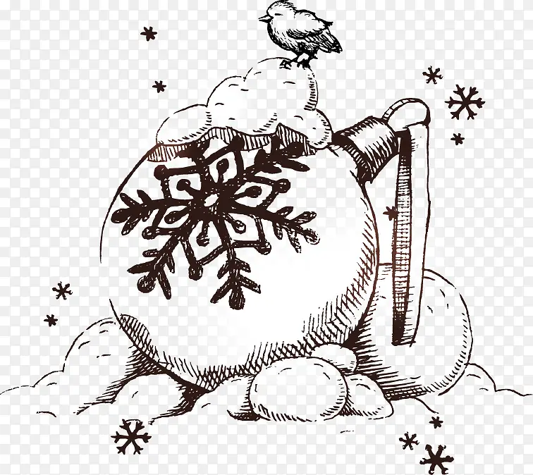 手绘素描雪球雪花小鸟
