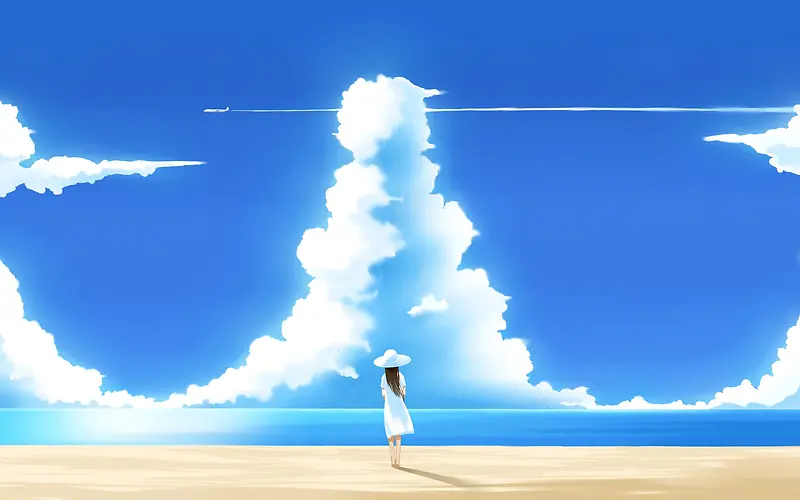 云层动漫沙滩上的女孩海报背景