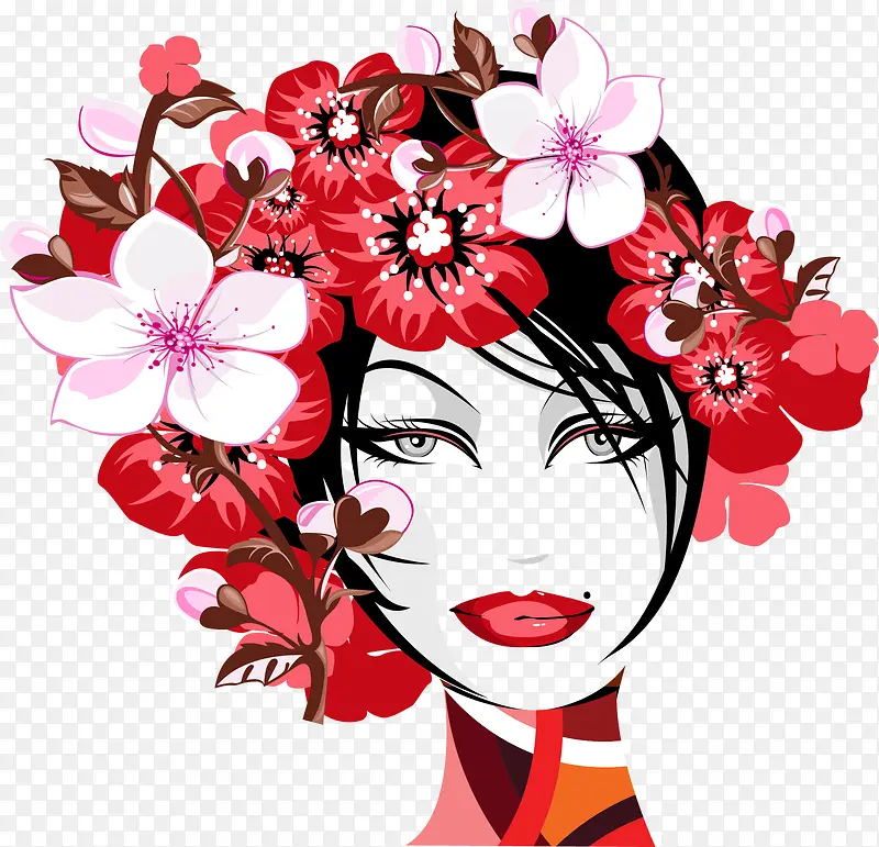 戴满花朵的女性头像矢量素材