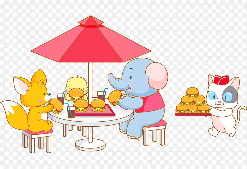 卡通太阳伞下吃汉堡大象鸭子猫