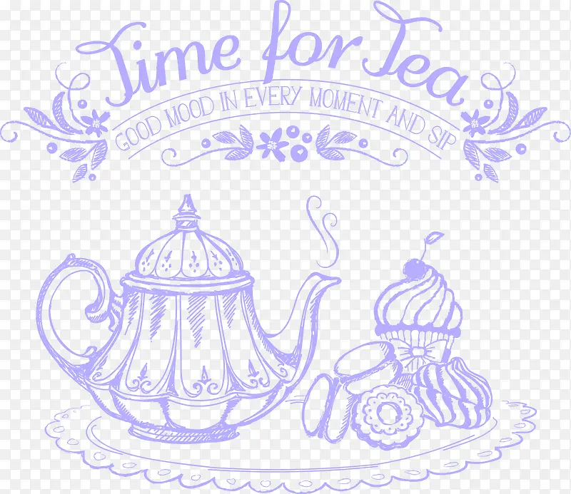 手绘蓝紫色茶壶和点心