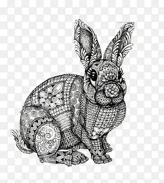 手绘复杂线条黑白逼真兔子