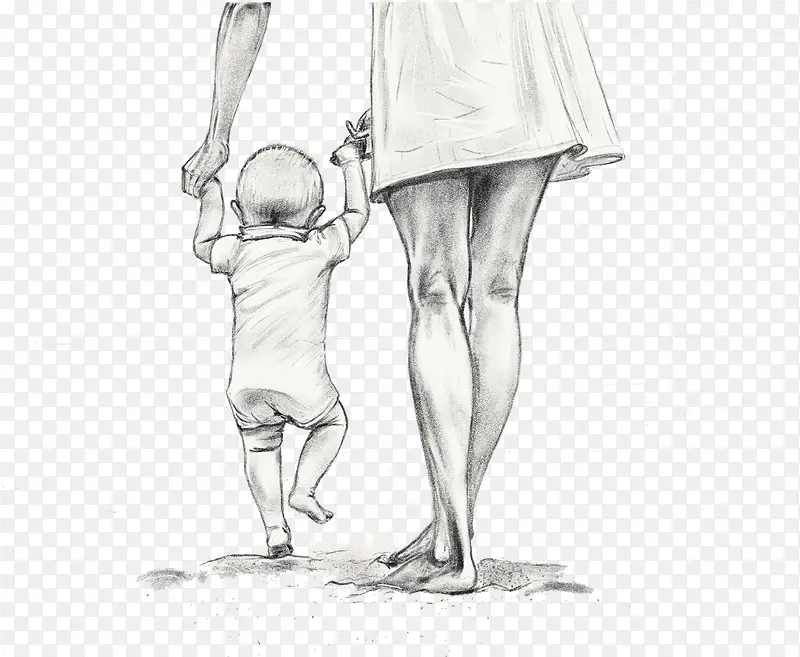 手绘素描母亲牵着孩子走路