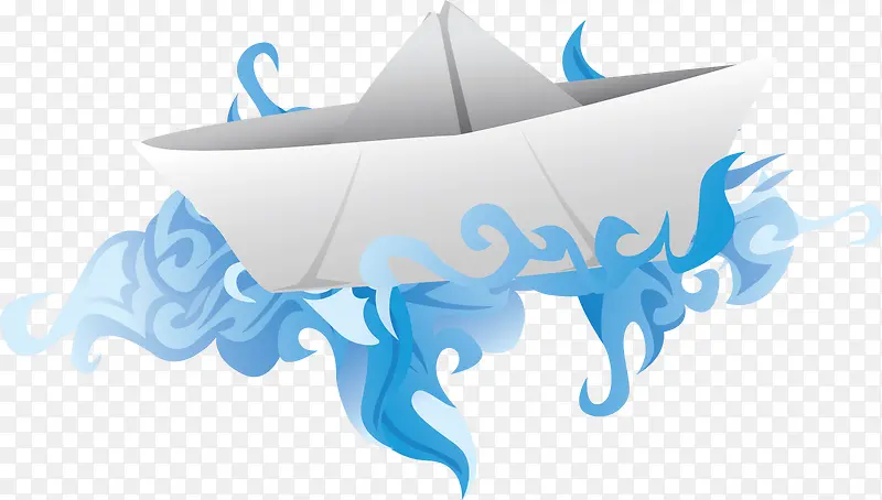 折纸船蓝色浪花矢量图