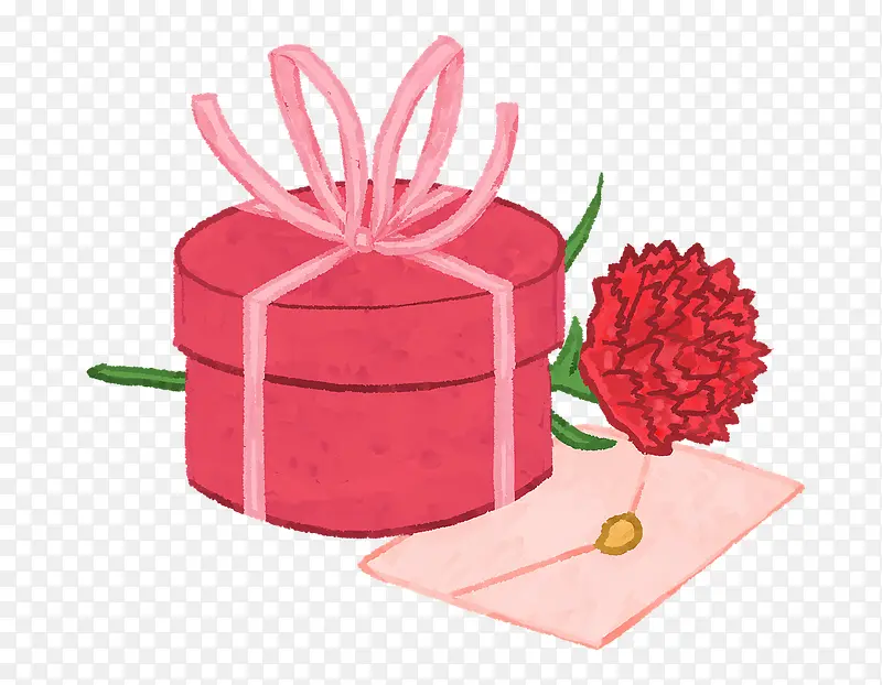 粉色圆形礼盒、玫瑰花及信件
