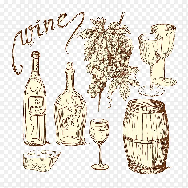 手绘葡萄酒红酒主题素描图案
