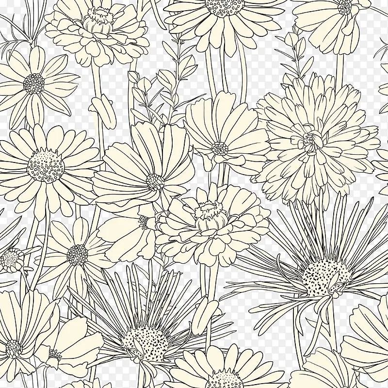 花朵黑白线稿背景—矢量素材