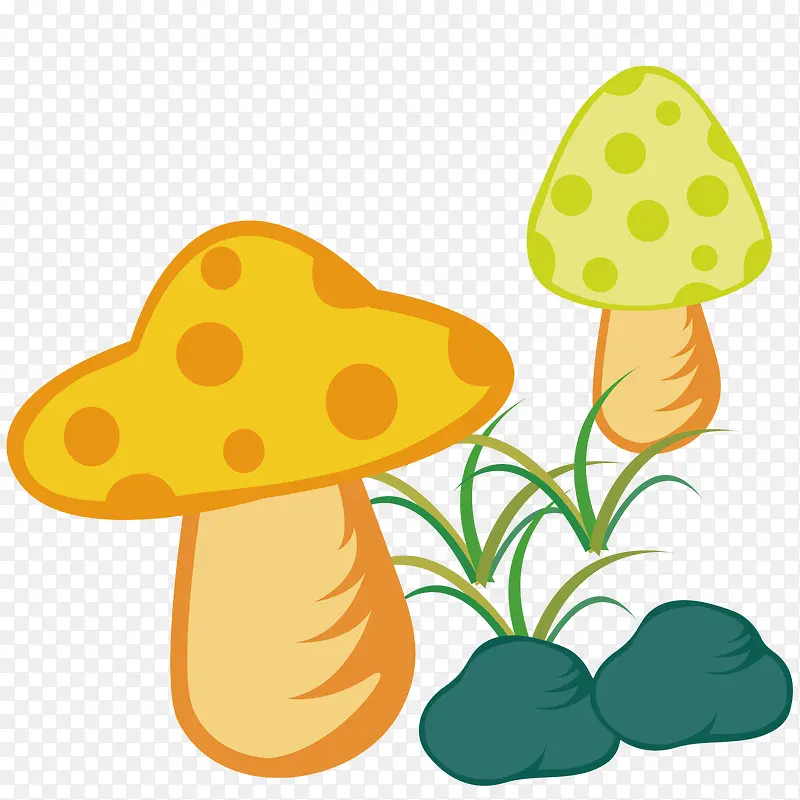 矢量黄色蘑菇石头小草