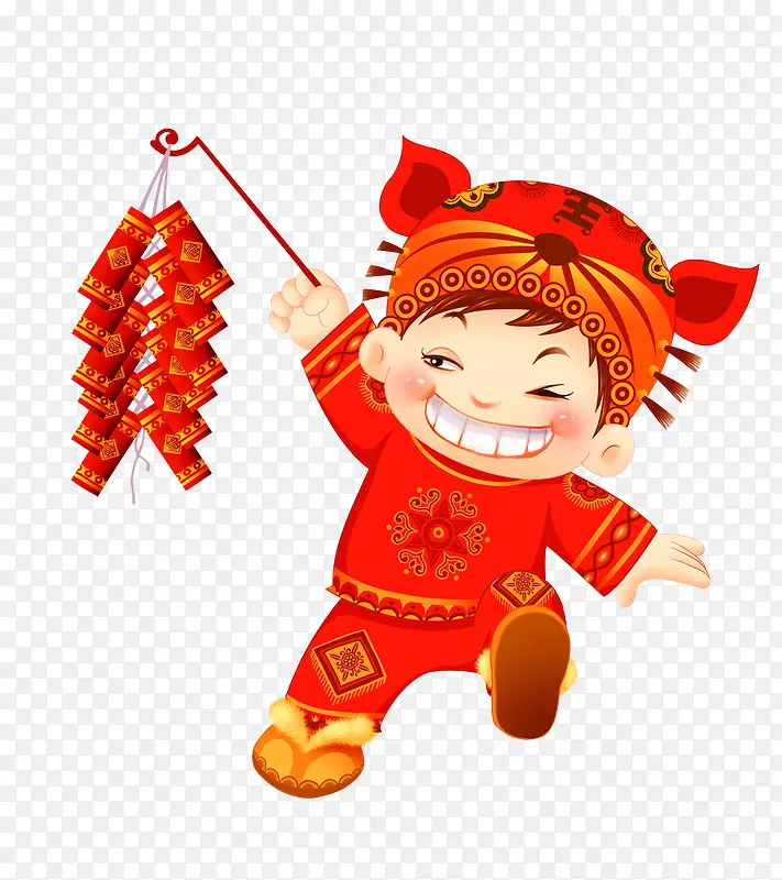 卡通红色中国娃娃鞭炮装饰图案
