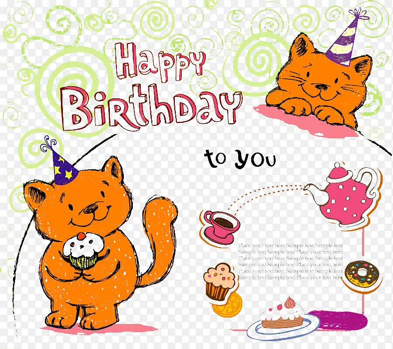 卡通猫咪生日卡片矢量素材