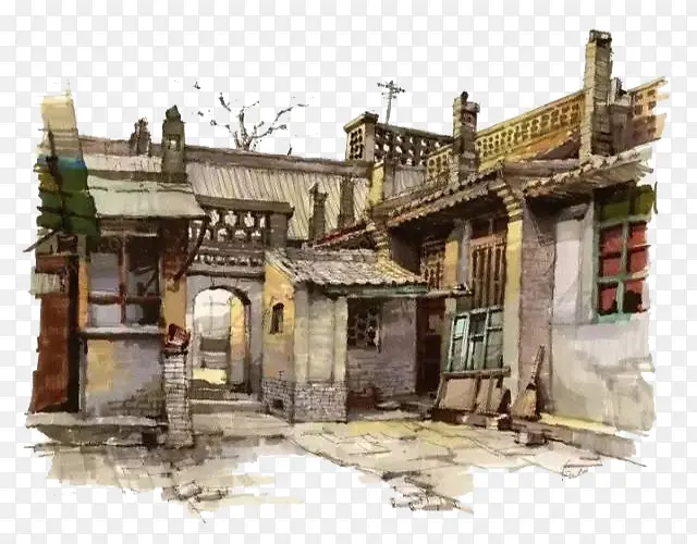 老北京水彩建筑