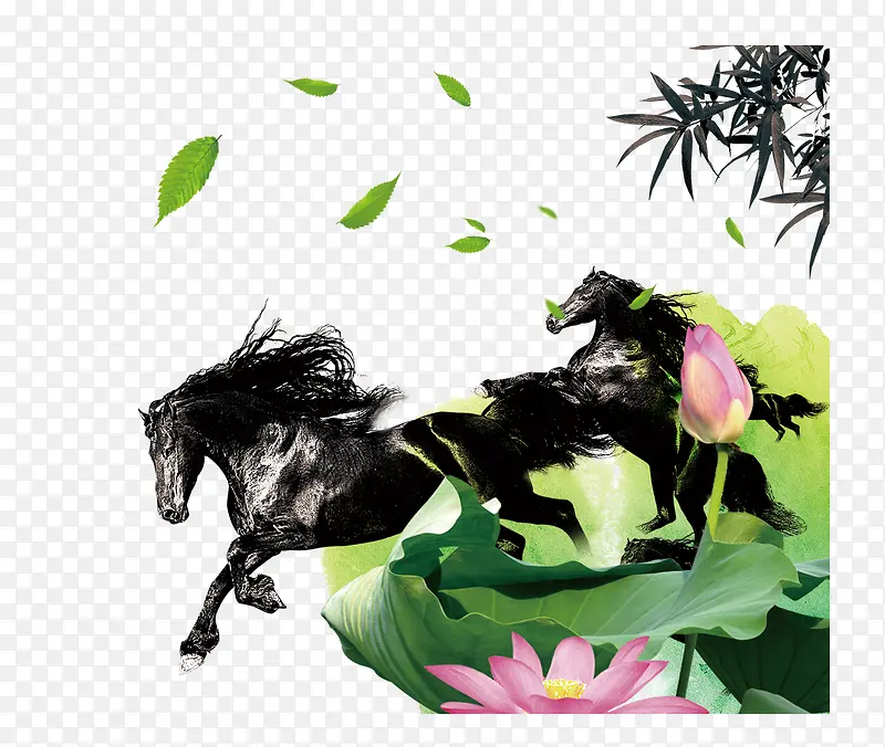 中国风骏马荷花竹叶漂浮树叶