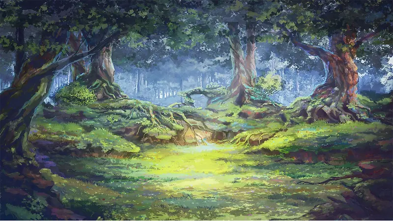 日系插画森林大树绿叶动漫素材