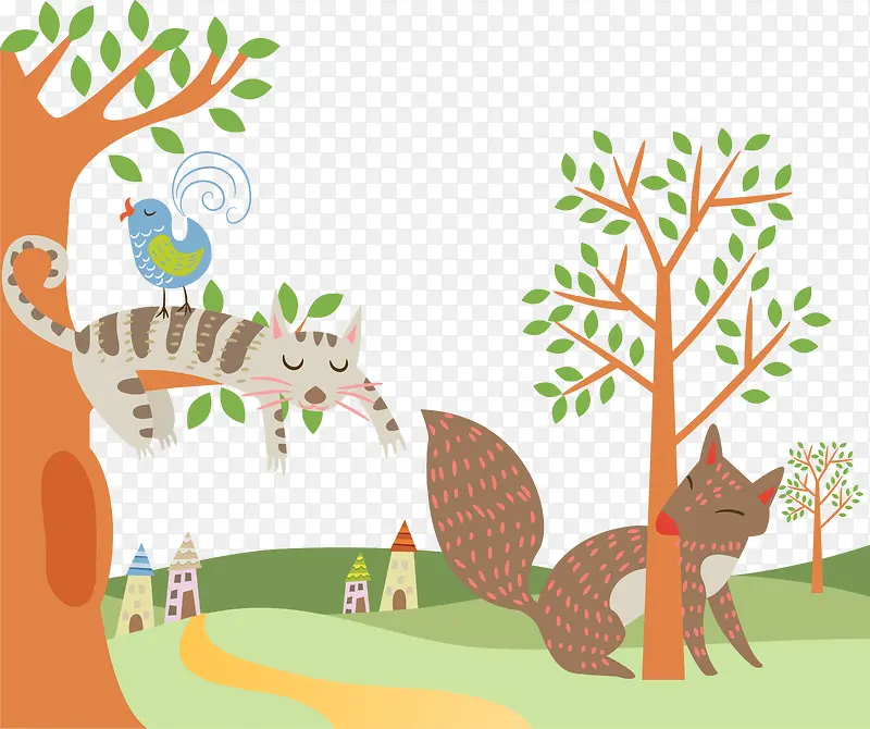 卡通矢量扁平可爱插图动物与树