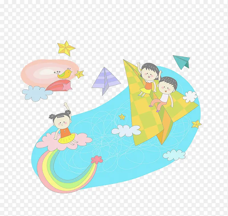 孩子坐在纸飞机上