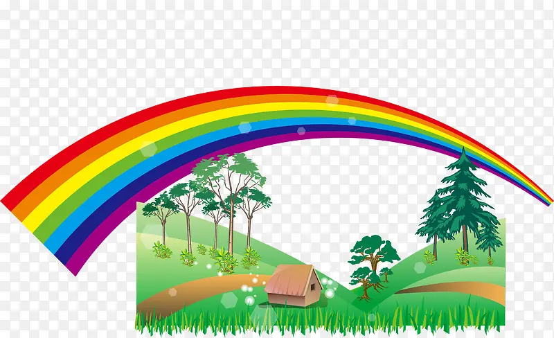 彩虹丛林草地树木卡通促销素材