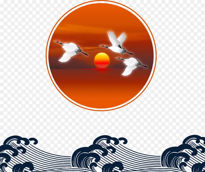 中国风仙鹤和海浪装饰