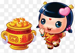 免抠中国福娃招财童子 聚宝盆