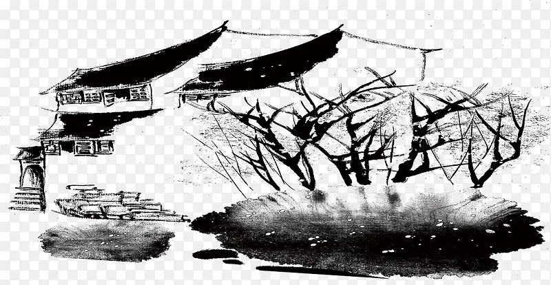 手绘古建筑毛笔画