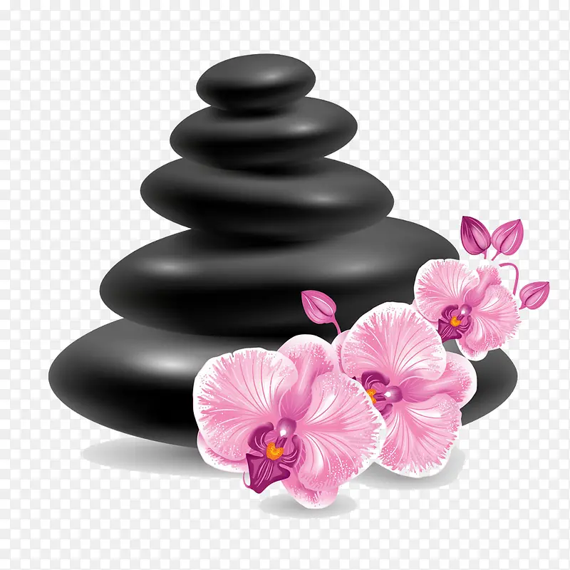 黑色鹅卵石与花
