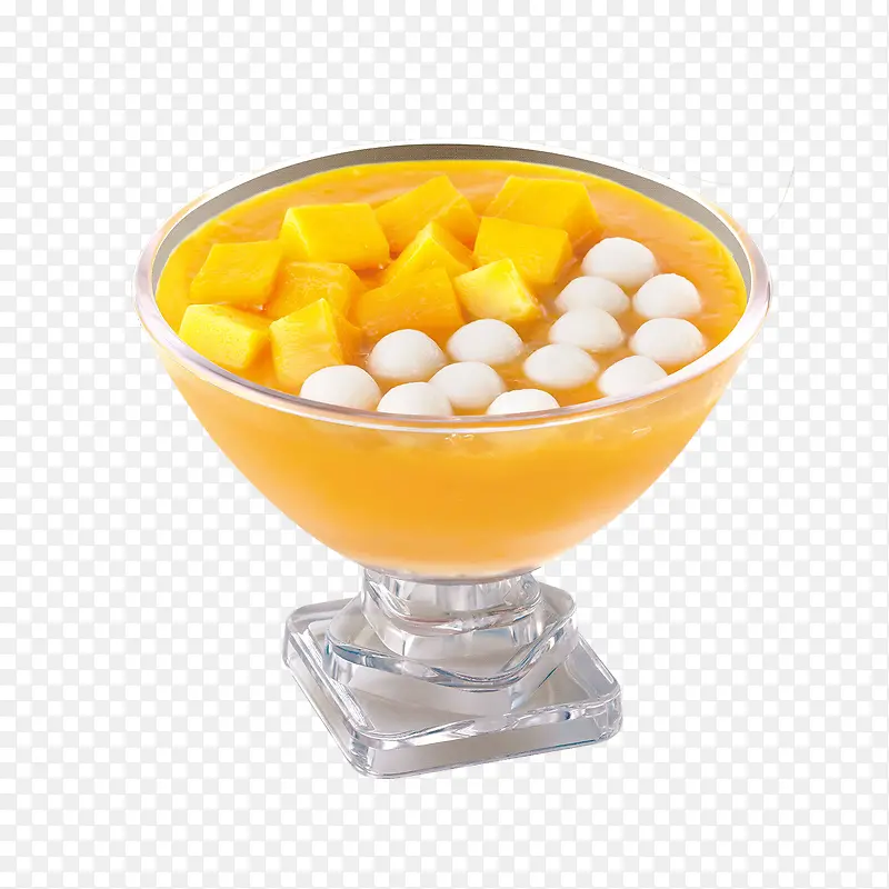高脚碗里的芒果小汤圆甜品