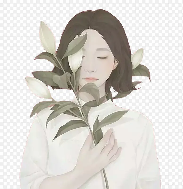 拿树枝挡住半边脸的手绘女孩PNG图片素材下载_图片编号qjebdlbm-免抠素材网