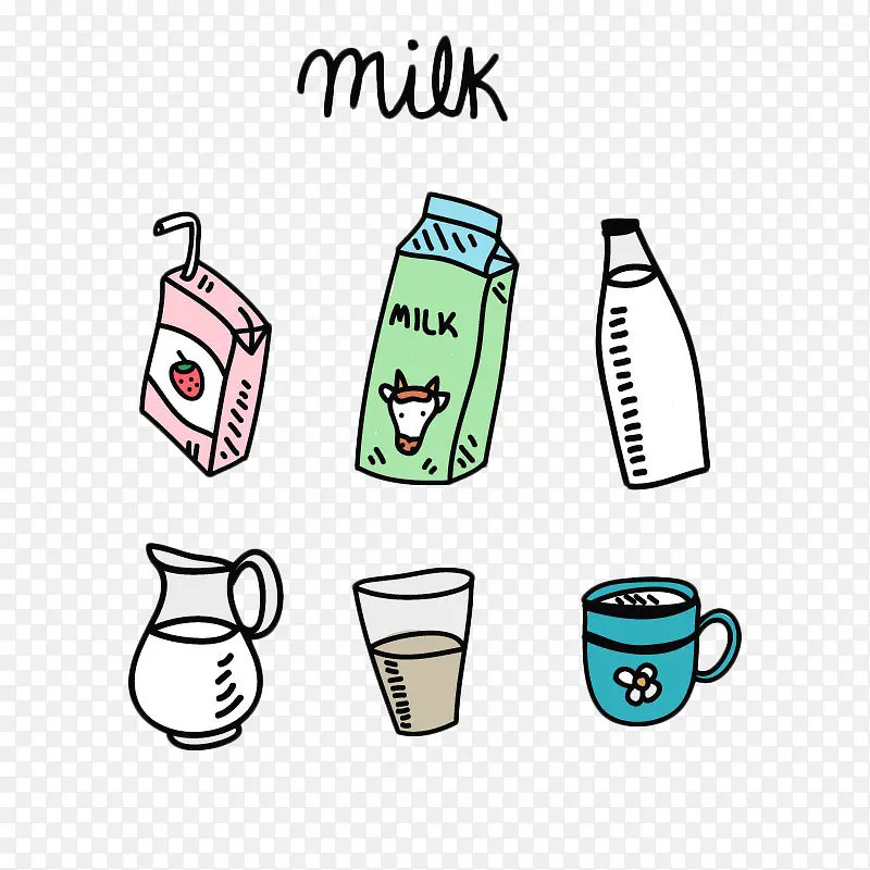 卡通手绘牛奶盒牛奶瓶
