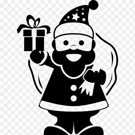 圣诞老人拿着礼品袋在他的背和摇铃图标