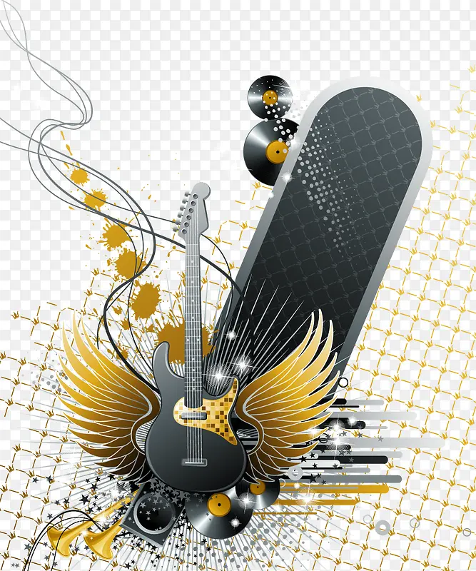 金色翅膀吉他动感矢量素材