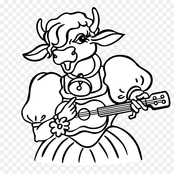 手绘 动物 卡通 弹吉他的牛小姐