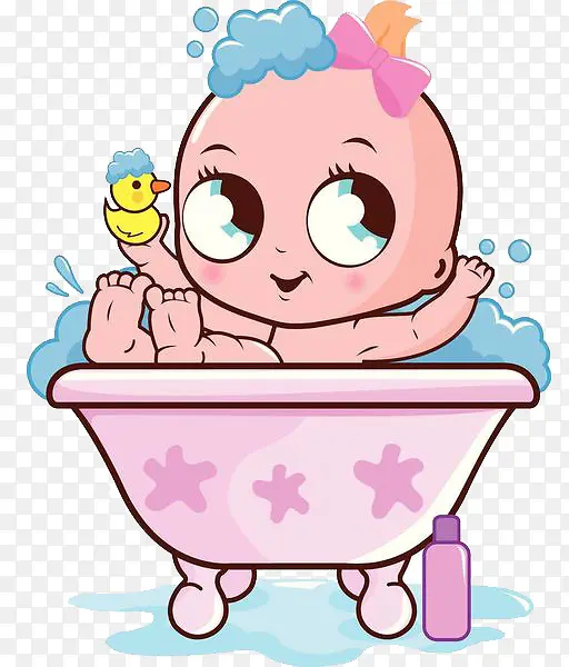 浴盆里拿着鸭子玩具的婴儿