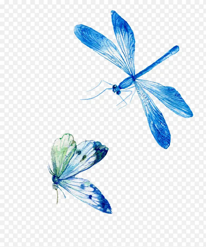水彩蓝色蜻蜓和蝴蝶
