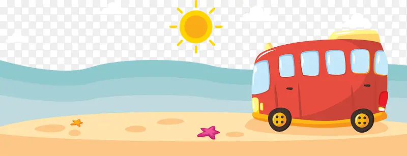 夏日度假沙滩上的红色旅游车