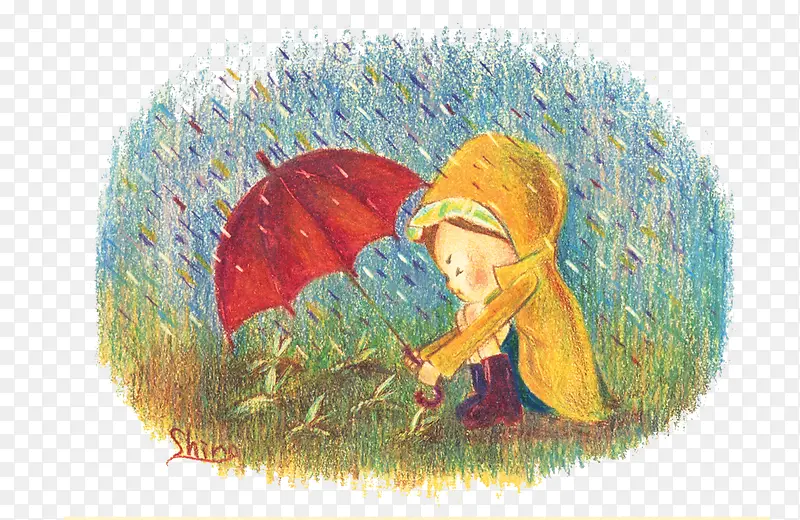 手绘雨天小男孩插画