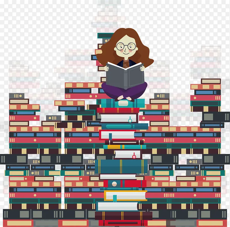 坐在书籍堆上的女孩