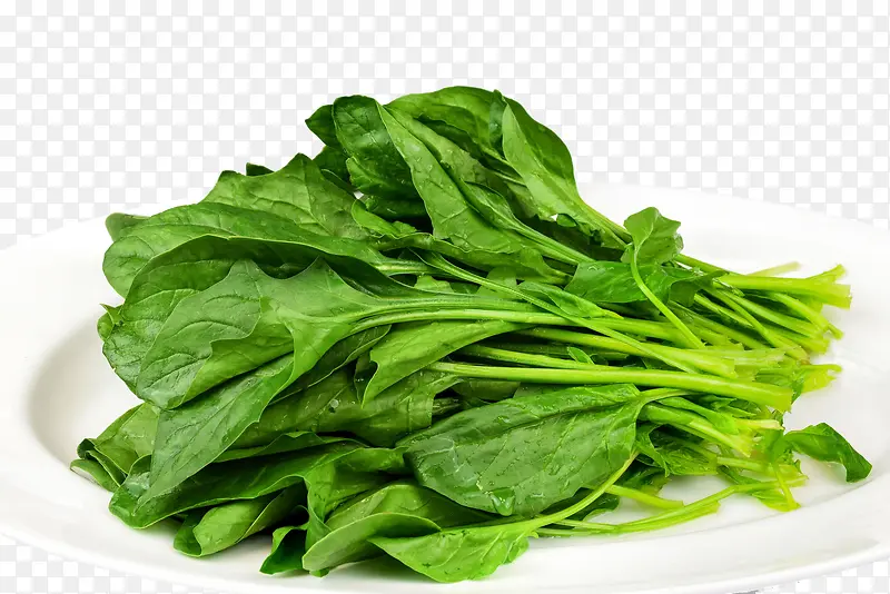 菠菜叶特写，白色盘子