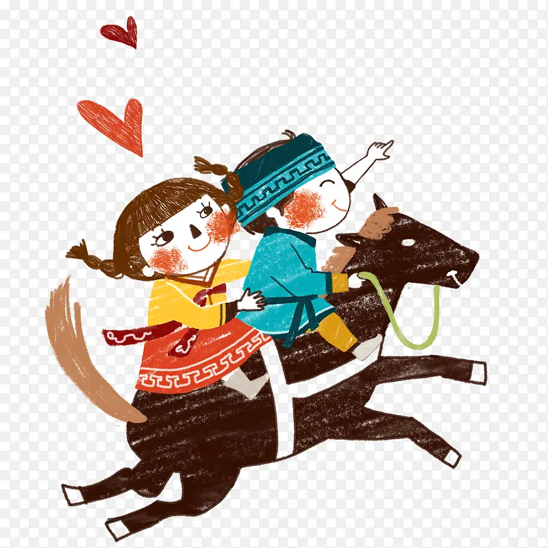 手绘水彩绘画马背上的情侣