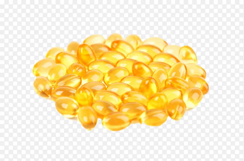 一堆黄色的鱼肝油胶囊实物