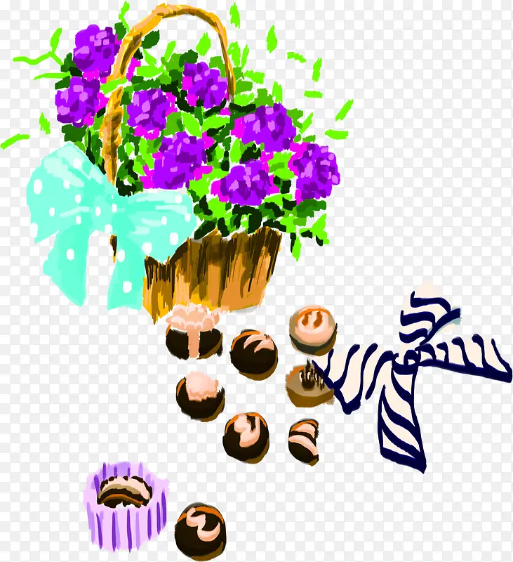 手绘紫色花篮植物巧克力蝴蝶结