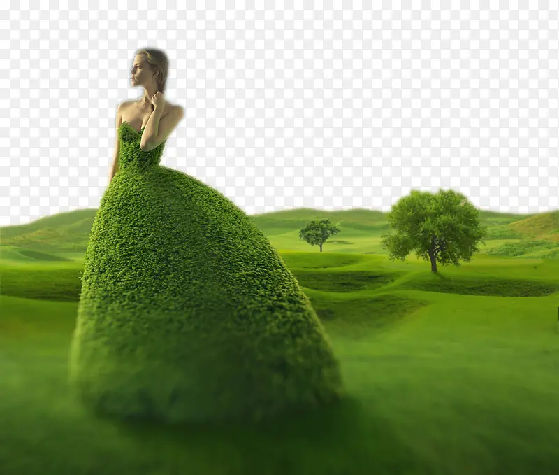绿色植物为连衣裙的女子