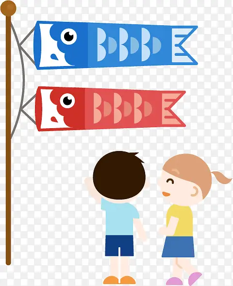 卡通风格鲤鱼旗和小男孩小女孩