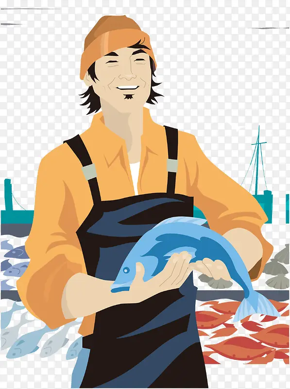 卡通海边捕鱼归来日本渔夫