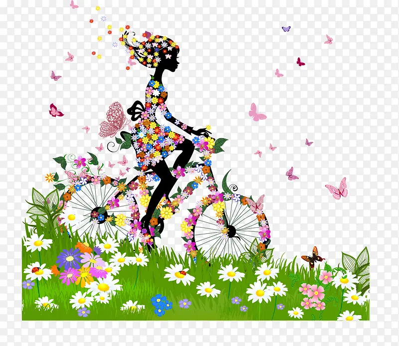 骑花朵自行车的女孩子少女插画
