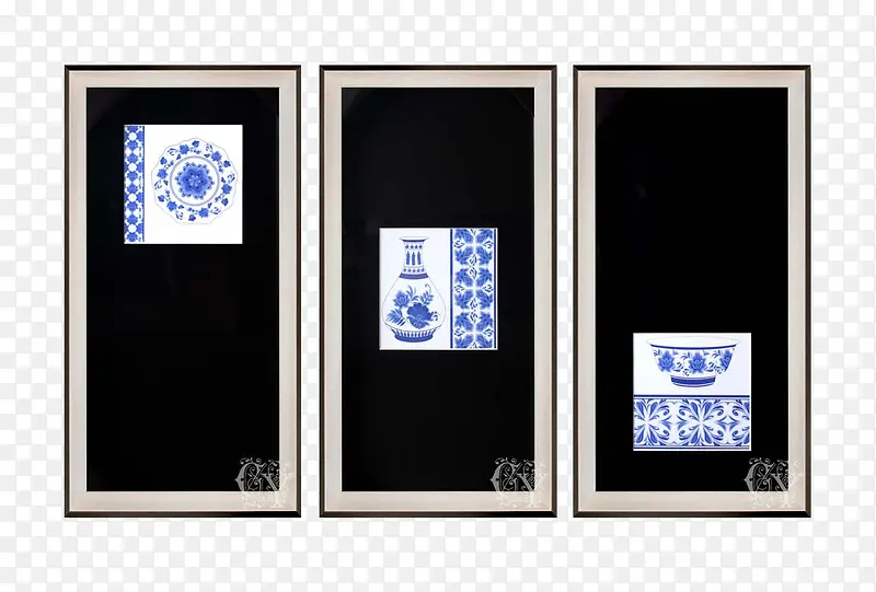 中式软装黑底青花瓷花样竖版壁画