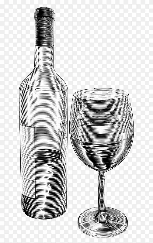 葡萄酒瓶酒杯插画矢量素描图案